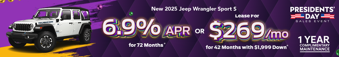 6.9% APR or Lease for $269/Month on 2025 Jeep Wrangler Sport S – Denham Springs, LA